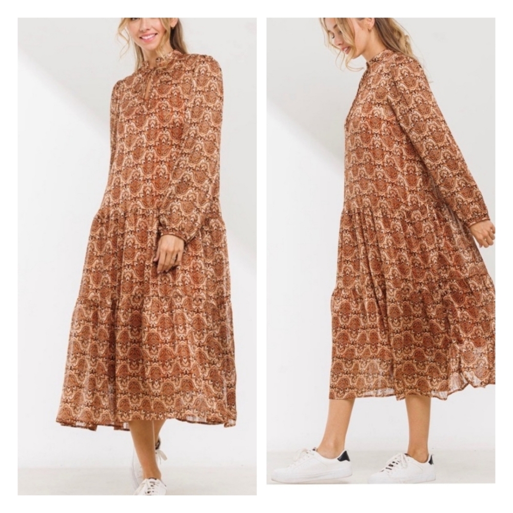 Gorgeous boho mocha tan geometric print long sleeve dress - Picture 3 of 10
